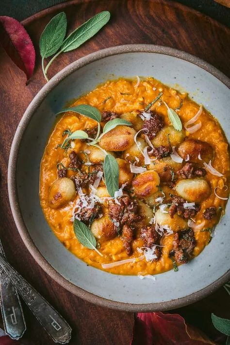 Crispy Gnocchi and Sausage with Creamy Pumpkin Sauce - Nerds with Knives Pumpkin Sausage Gnocchi, Gnocchi With Pumpkin, Gnocchi With Pumpkin Sauce, Pumpkin Gnocchi Sauce, Gnocchi And Sausage, Pumkin Soup, Crispy Gnocchi, Sausage Gnocchi, Gnocchi Sauce