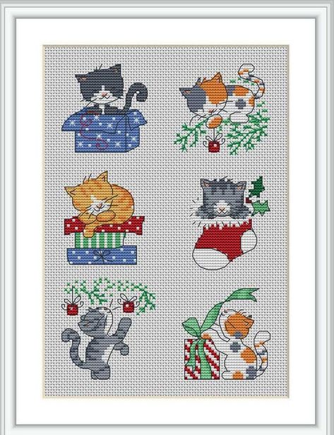 Cross Stitch Christmas Cards, Cat Cross Stitches, Free Cross Stitch Charts, Xmas Cross Stitch, Cat Cross Stitch Pattern, Cross Stitch Christmas Ornaments, Cross Stitch Bookmarks, Mini Cross Stitch, Cat Cross Stitch