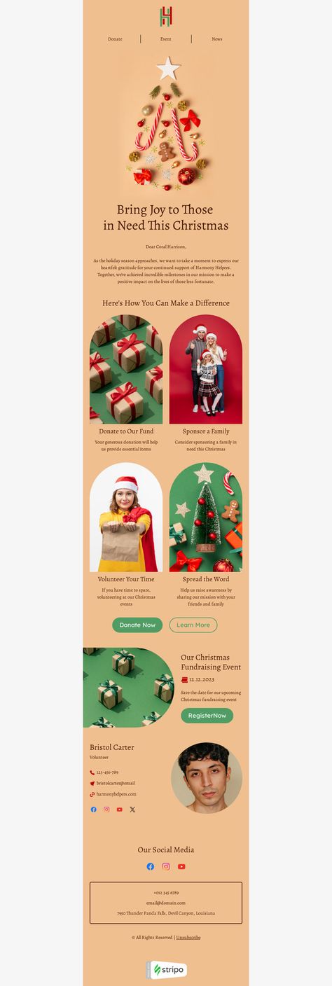 Christmas email template "Bring joy" for nonprofit industry. Create professional, responsive emails fast with no coding skills. Follow us on Pinterest for more inspiration and tips. 🤗 #christmas #newyear #stripoemail #emailnewsletter #emailtemplatedesign #emaildesigninspiration #emailmarketingdesign Christmas Email Design, Christmas Email, Christmas Newsletter, Nonprofit Marketing, Holiday Emails, Email Template Design, Responsive Email, Holiday Campaign, Email Marketing Template