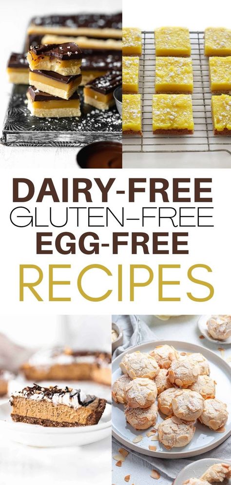 Millionaire bars, dairy-free lemon bars, vegan cookies, vegan pie Gluten Free Egg Free Desserts, Egg Free Snacks, Gluten Free Dinner Ideas, Corn Free Recipes, Egg Free Desserts, Egg Free Baking, Egg Free Cookies, Dairy Free Recipes Dinner, Allergen Free Recipes