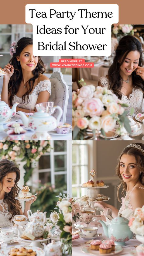 A stunning bride enjoying a beautifully decorated tea party themed bridal shower, featuring elegant table settings with vintage teapots, floral arrangements, and delicate pastries. Tea Party Table Settings Vintage, Tea Party Theme Ideas, Bridal Shower Unique, Tea Party Bridal Shower Decorations, Tea Party Tablescape, Bridal Shower Tea Party Theme, Unique Bridal Shower Themes, Tea Party Table Settings, Elegant Tea Party