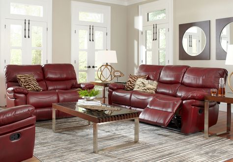 Red Leather Sofa Living Room, Red Leather Couch Living Room, Leather Living Rooms, Red Couches, Leather Couch Living Room Decor, Brown Walls Living Room, Red Sofas, Grey And Brown Living Room, Living Room Furniture Recliner