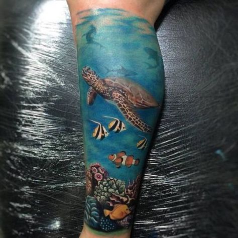 21 Sea Turtle Tattoo Designs: Embrace the Grace of the Ocean Sea Turtle Tattoo Design, Sea Tattoo Sleeve, Hawaiian Turtle Tattoos, Ocean Life Tattoos, Coral Tattoo, Mermaid Sleeve Tattoos, Sea Life Tattoos, Underwater Tattoo, Ocean Sleeve Tattoos