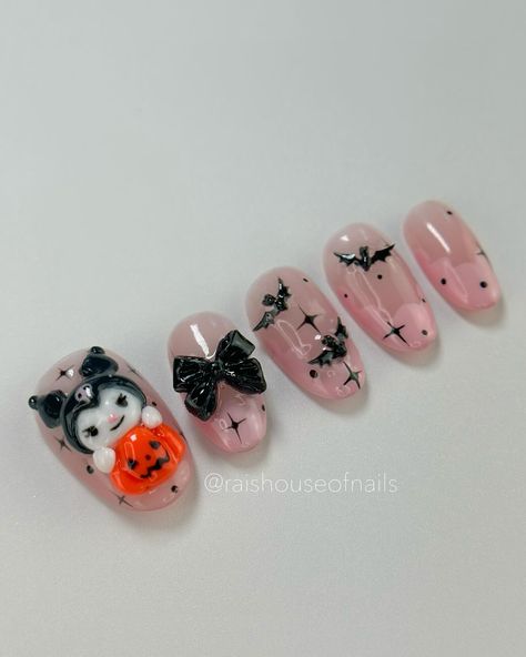 Hand sculpted Halloween Kuromi with pumpkin press on nails. #pressonnails #cutenails #sanrionails #kurominails #kuromi Kuromi Almond Nails, Almond Nails, Press On Nails, Nail Inspo, Cute Nails, Manicure, Halloween, Nails