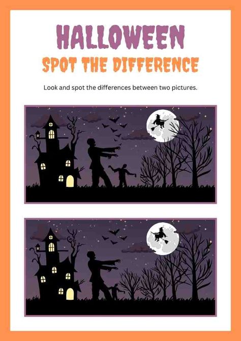 Halloween Spot the Difference Worksheet Halloween Spot The Difference, Spot The Difference Worksheet, Spooky Style, Spot The Difference, Purple Orange, Halloween, Orange, Purple, Canvas