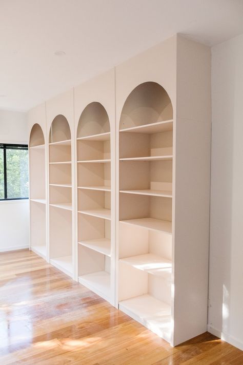 Arched Wall Shelves, White Arched Bookcase, Arch Wall Shelves, Build In Arch Shelf, Diy Arched Bookshelves, Arch Shelf Diy, Diy Tall Bookshelf, How To Build An Arched Bookshelf, Arched Shelving Unit