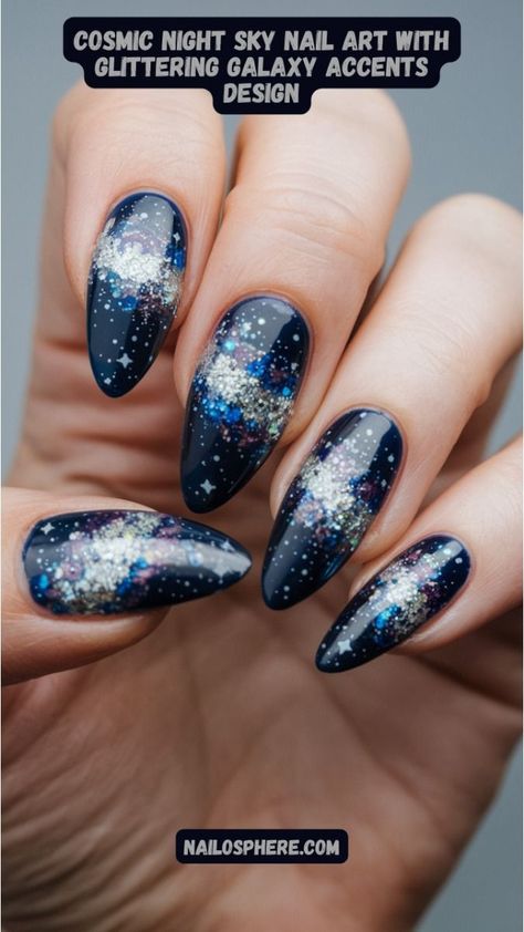 Experience the beauty of the cosmos at your fingertips with this stunning nail design. Featuring a deep navy blue base that mimics the night sky, these nails are adorned with intricate galaxy-inspired patterns. The shimmering silver and multicolored glitter accents create a dazzling display of stars and nebulae, making each nail look like a miniature universe. Silver Star Nails, Sky Nail Art, Moon Manicure, French Fade, Confetti Nails, Sky Nails, Mermaid Glitter, Galaxy Nails, Deep Navy Blue