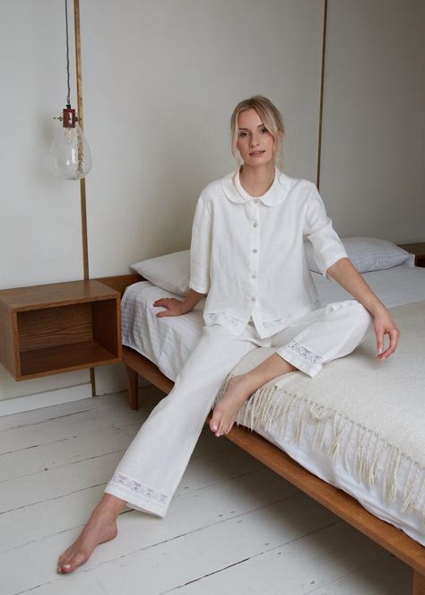 Luxurious linen pajama in white for her. Short shirt and long pants with a delicate lace line at bottom and at the shirt bottom too. Luxury loungewear for your cosy days, evenings or dreamy nights. This stunning sleepwear is suitable foe honeymoon, for bridesmaids and best present for anniversary, christmas, wedding or any other occasion White Linen Pajamas, Cotton Sleepwear For Women, Linen Pyjamas For Women, Pajamas Women Aesthetic, Loungewear Vintage, White Cotton Pajamas, Elegant Loungewear, Winter Pajamas Women, Linen Sleepwear