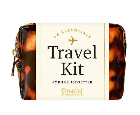 Bring your own business class with a Tortoise Shell Travel Kit by Pinch Provisions. Designed for minimum space and maximum in-flight comfort, this goes-with-anything neutral pouch contains 18 travel essentials to survive the long haul: Phone/tablet stand, eye mask, ear plugs, folding brush/comb, breath drops, dental floss, hand cleansing towelette, hand lotion, nail clipper, facial tissue, lip balm, adhesive bandage, deodorant towelette, stain remover, wrinkle remover, mending kit, safety pin, and extra buttons. Travel Kit Gift, Travel Baggage, Western Love, Travel Must Haves, Toiletry Kit, Dental Floss, Client Gifts, Tablet Stand, Travel Kit