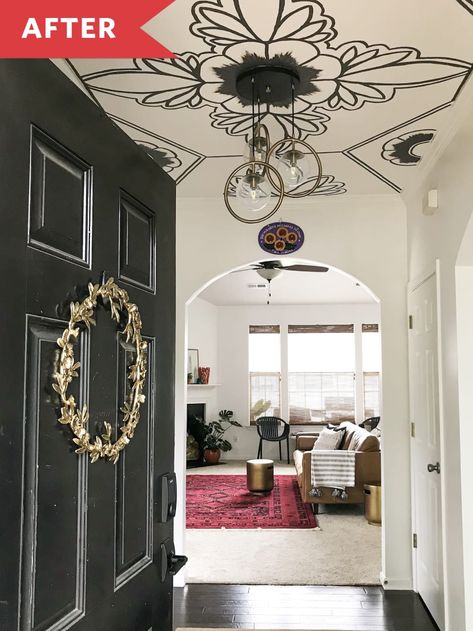 Before and After: The Ceiling Mural in This New Entryway Might Make You Gasp | Apartment Therapy Entryway Transformation, Ceiling Mural, Creative Office Space, Ceiling Murals, Ceiling Art, Foyer Lighting, Vinyl Decor, Up House, Painted Ceiling