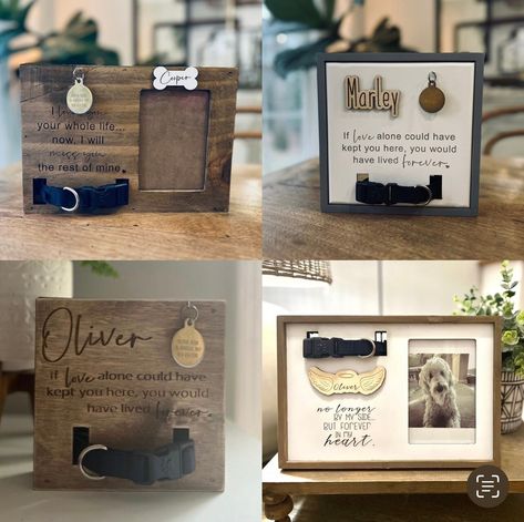 Memorial Items, Dog Shadow Box, Puppy Crafts, Wood Laser Ideas, Barn Wood Crafts, Dog Frames, Cat Frame, Memorial Signs, Collage Frames