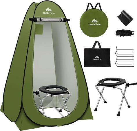 Huskfirm Portable Toilet Kit for Adults, Pop Up Privacy Tent, Stainless Steel Portable Camping Toilet with Toilet Tent, Instant Portable Outdoor Shower Tent Camp Toilet Changing Dressing Room Glamping Toilets, Camping Tent, Shower For Camping, Camping Shower Ideas Portable, Camping Toilet Tent, Camp Toilet, Outdoor Camping Shower, Camping Bathroom, Portable Camping Shower