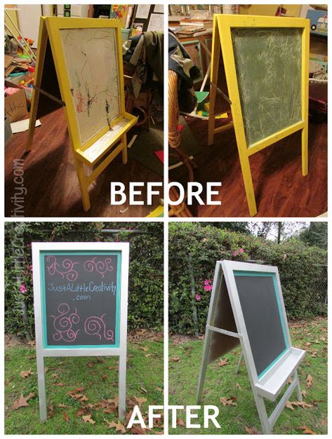 Just A Little Creativity: Kids Chalkboard Easel Makeover {EASY DIY} Kids Art Easel, Diy Easel, Easy Upcycle, Kids Easel, Playhouse Ideas, Chalkboard Easel, Kids Chalkboard, Clay Crafts For Kids, Basement Reno