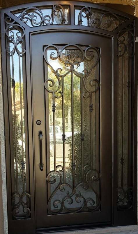 Entry Doors With Sidelights | Single | Wrought Iron - Phoenix Valley Exterior Iron Doors, Iron Front Door Single With Sidelights, Wooden Entry Doors, Entry Doors With Sidelights, Transom Door, Metal Entry Doors, Doors With Sidelights, Wrought Iron Doors Front Entrances, Wrought Iron Entry Doors