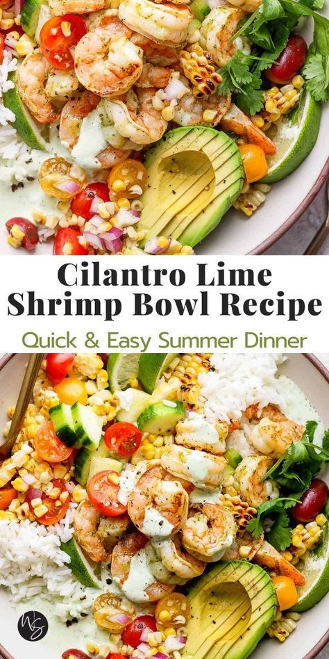 Our fresh Cilantro Lime Shrimp Rice Bowl is the most epic rice bowl that you are going to be loving all summer long! Made with flavorful grilled shrimp, fresh grilled corn salad, avocado, and a homemade cilantro yogurt sauce all served on top of a bed of rice. The perfect rice bowl recipe! Dinner ready in just 35 minutes, making for the perfect weekday meal. This recipe is gluten-free and dairy-free friendly. Cilantro Lime Rice With Shrimp, Shrimp Avocado Rice Bowl, Cilantro Lime Shrimp Recipes, Cilantro Rice Bowl, Grilled Shrimp Bowl Avocado Corn Salsa, Rice Bowls With Shrimp, Grilled Shrimp Bowl With Corn Salsa, Grilled Shrimp Bowl With Avocado, Greek Shrimp Bowl