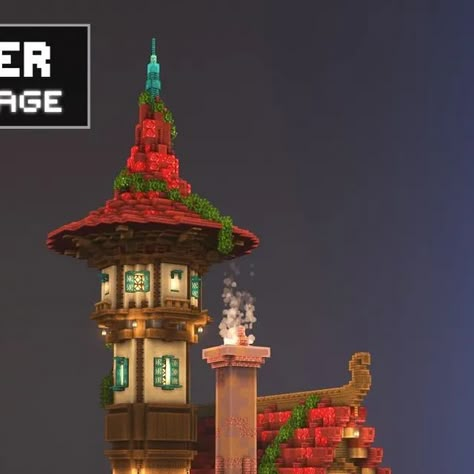 Spruce Tower Minecraft, Minecraft Mushroom Tower, Minecraft Towers Ideas, Minecraft Tower Roof Design, Minecraft Mage Tower, Tower Roof Minecraft, Minecraft House With Tower, Minecraft Tower Roof, Graysun Minecraft