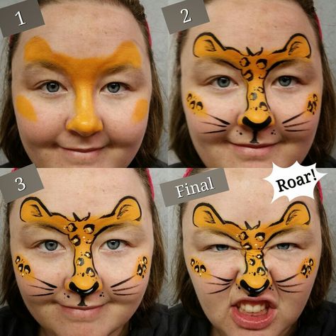 Cute and Easy leopard design- great for pay per face addition Facepainting Ideas Easy, Lion Face Paint, Face Paint Party, Mime Face Paint, Animal Face Paintings, Face Painting For Boys, Christmas Face Painting, Cheek Art, Girl Face Painting