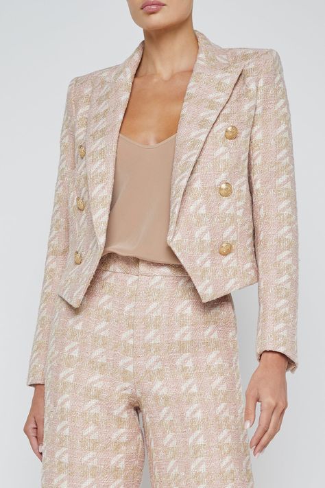 This cropped, boxy blazer in ecru and pink houndstooth print adds a touch of playful sophistication to any outfit. Perfect for dressing up and down for any season! 57% Cotton 27% Viscose 6% Acrylic Boxy Blazer, Pink Houndstooth, Pink Gold, Pink And Gold, Dressing Up, Dress Up, Blazer, Pink, Gold