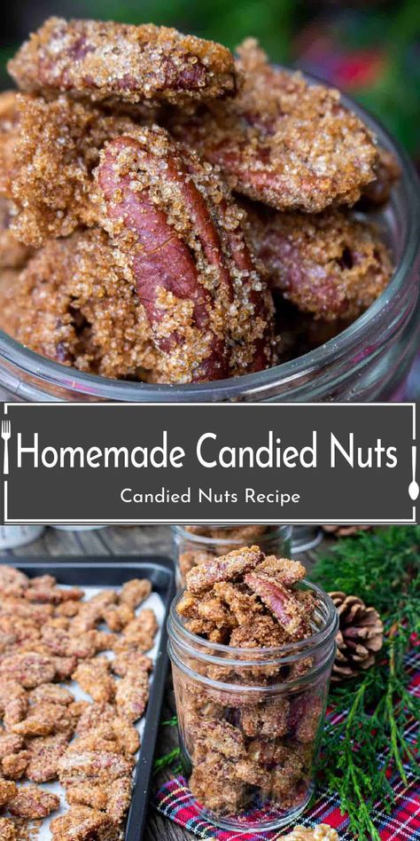 This easy recipe for Candied Nuts is a delicious homemade recipe for candied pecans and candied walnuts that makes a great homemade food gift. How to make candied nuts in the oven from start to finish and then package them up as a Christmas gift! Walnut Candy Recipes, Candied Nuts Recipe Christmas, Candied Nuts Recipe Easy, Candied Walnuts Easy, Candied Food, Candied Pecans Easy, Candied Nuts Recipe, Glazed Nuts, High Protein Snack Recipes