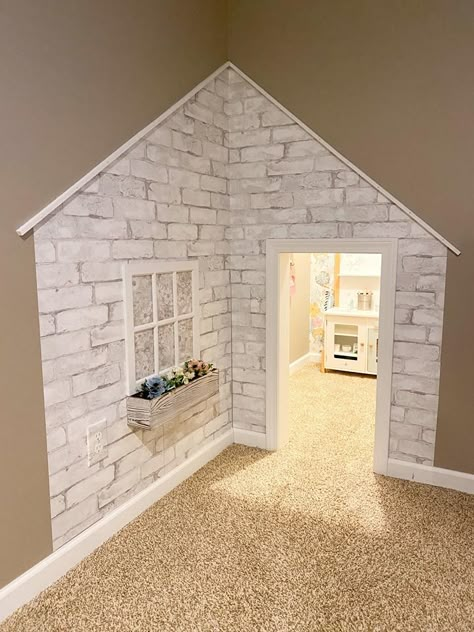 Daycare Rooms Setup, Textured Brick Wallpaper, Under Stairs Playhouse, Under Stairs Playroom, Under Stairs Nook, Amber Smith, Stair Nook, Indoor Playroom, Teens Room