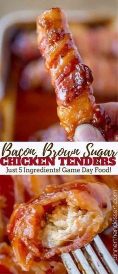 Bacon Brown Sugar Chicken Tenders with just five ingredients and 30 minutes these are the PERFECT gameday treat! A sticky, sweet, salty, crunchy appetizer. Bacon Brown Sugar Chicken, Chicken Tenders Dinner, Brown Sugar Chicken, Brown Sugar Bacon, Bacon Chicken, Think Food, Football Food, Bacon Recipes, Chicken Bacon