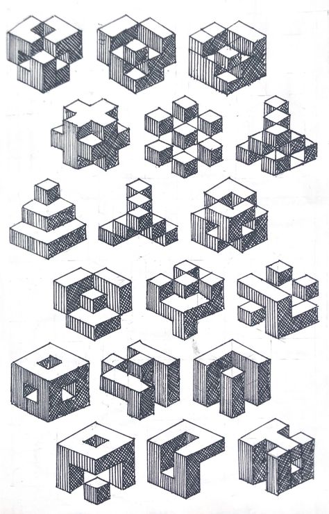 Cube Composition Drawing, Cube Project Architecture, Isometric Cube Design, Isometric Cube Drawing, Isometric Building Drawing, Cube Illustrator, Cube Composition Architecture, Isometric Drawing Architecture, Cube Architecture Concept Ideas