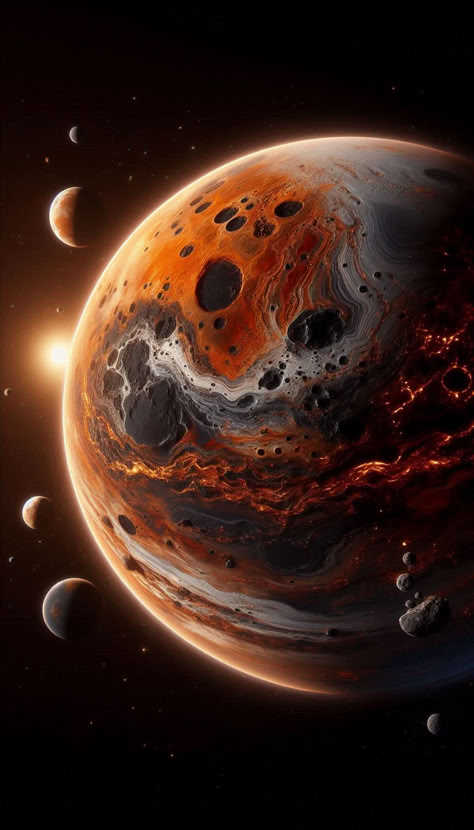 The striking landscape of a dark orange and black planet with rugged cliffs, valleys, and craters. Multiple moons and planets in the background, bathed in distant starlight, enhance the mysterious cosmic beauty. #planet #space #cosmiclandscape #astronomy #Planet Battlefleet Gothic, Black Planet, Space Story, Space Phone Wallpaper, Phone Wallpaper Boho, Planets Wallpaper, Flower Wall Backdrop, Alien Planet, Wall Backdrops