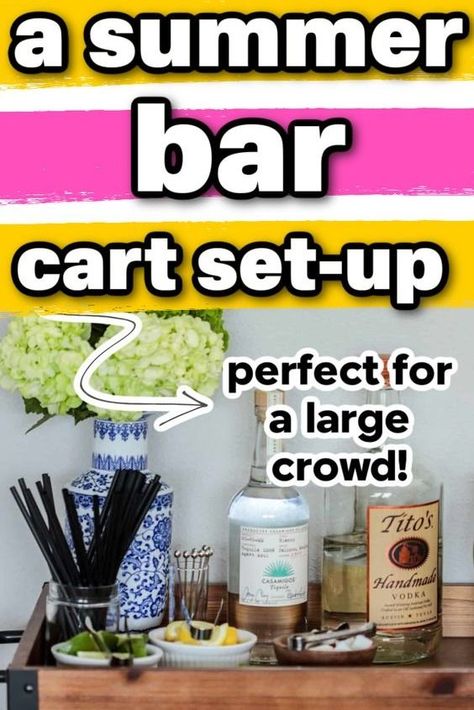 We're setting up a bar cart for summertime entertaining and everyone is invited! 🙂 This set up is summer-inspired with beautiful fresh hydrangeas, fresh cut citrus and light alcohol options. It's an easy but classy way to entertain this summer. Drink Cart Ideas For Party, Setting Up A Bar, Summer Bar Cart, Fresh Hydrangeas, Drink Cart, Serving Bar, Cocktail Desserts, Self Serve, Party Bars