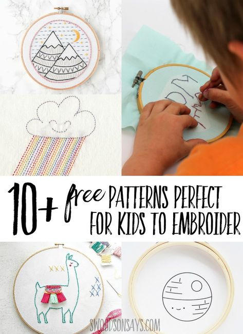 Click through to see this fun list of hand embroidery patterns that are FREE and simple enough for kids to stitch! Teach kids how to embroider with these easy patterns in kid friendly motifs. #embroidery #kidscrafts Traceable Embroidery Patterns, Easy Embroidery Ideas For Beginners, Embroidery Patterns For Kids, Easy Embroidery For Beginners, Motifs Embroidery, Hand Strengthening, Kids Embroidery, Sulaman Pita, Free Embroidery Patterns