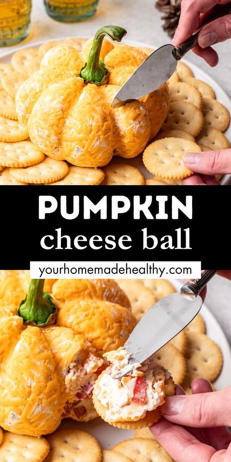 A cheddar cheese ball shaped into a pumpkin with a bell pepper stem with a hand spreading it onto a cracker. Pumpkin Charcuterie Board, Pumpkin Charcuterie, Halloween Cheese Ball, Pumpkin Cheese Ball, Halloween Cheese, Festive Appetizers, Healthy Holiday Recipes, Fall Gathering, Easy Holiday Recipes