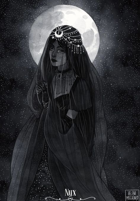 Nyx Art, Moon And Stars, Nyx, Full Moon, A Black, Long Hair, Moon, Black And White, Stars