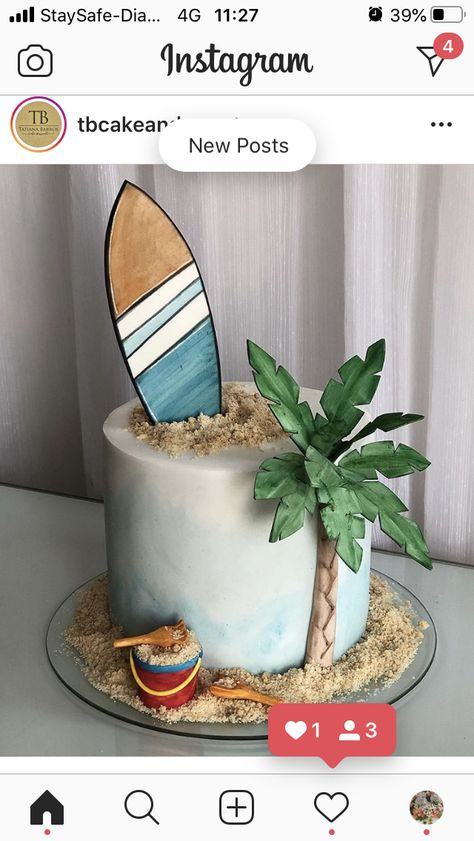 Tropical Cake Ideas, Surfboard Cake, Beach Theme Cake, Tropical Birthday Cake, Surf Cake, Green Birthday Cakes, Lilo And Stitch Cake, Tropical Cake, Beach Themed Cakes