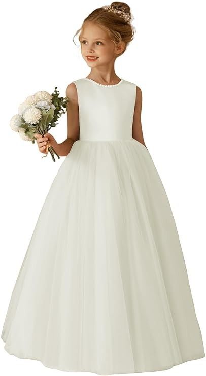 Amazon.com: Amatesay Ivory Elegant Round Neck Little Girls First Communion Dress Pearls Flower Girls Dresses Floor Long Kids Formal Evening Party Gown Princess Dress Ivory Size 2: Clothing, Shoes & Jewelry Prom Dresses Kids, Long Dress For Wedding, Girls First Communion Dresses, Tulle Long Dress, Flower Girl Gown, Kids Formal, Gown Princess, Ivory Flower Girl, Ivory Flower Girl Dresses