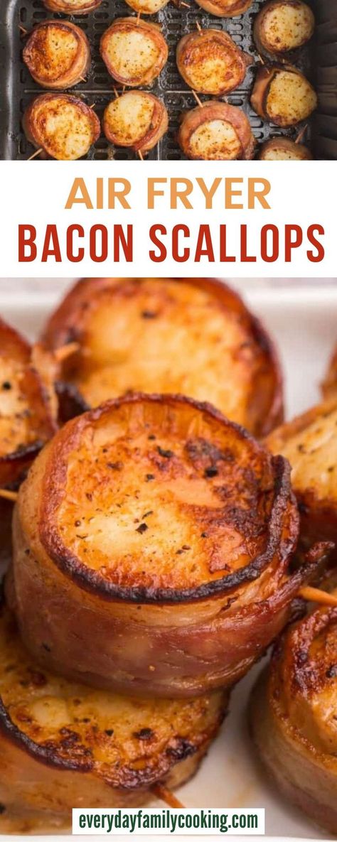 Air fryer bacon wrapped scallops can be served as an elegant main course or whipped up for a simple family dinner! Ready in 30 minutes with only 6 ingredients. Air Fried Bacon, Recipes For Bay Scallops, Fancy Air Fryer Recipes, Scallops And Bacon Recipe, Scallop Recipes Air Fryer, Air Fryer Wraps, Family Dinner Ideas Air Fryer, Air Fryer Scallops, Air Fryer Keto