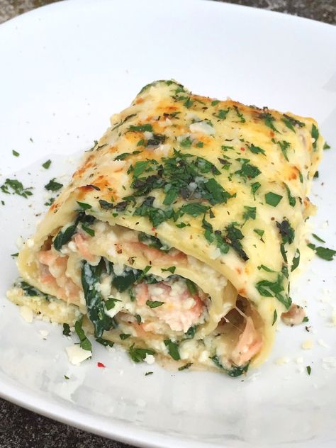 Salmon Lasagna Rolls — Lindsay Meyer Creamy Jerk Salmon Alfredo Lasagna Rolls, Salmon Alfredo Lasagna Roll Ups, Fish Lasagna Recipe, Lasagna Salmon Roll Ups, Salmon Lasagna Recipe, Salmon Alfredo Lasagna Rolls Recipe, Salmon Alfredo Lasagna Rolls, Fish Lasagna, Salmon Lasagna Rolls