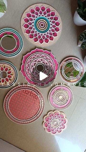 CLASSIC HANDMADES™ • Lippan art | Artworks | Home decor on Instagram: "Set of 8 Lippan Art pieces for wall decor Follow @classic_handmades  Home decor, wall hangings, art piece, lippan art, mirror work, paintings, pichwai paintings  #homedecor #walldecor #wallhangings #lippanart #lippanartwork #lippanartworkshop #pichwaipainting #paintings" Modern Lippan Art, Lippan Art Mirror, Wall Hangings Art, Modern Hallway Design, Mud Art, Art Mirror, Lippan Art, Hallway Design, Pichwai Paintings