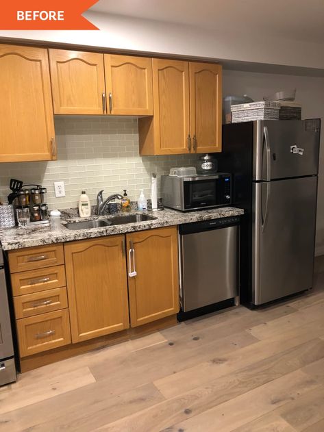 Before: brown wooden cabinets with stainless steel appliances Cabinets With Stainless Steel Appliances, Sektion Cabinets, Ikea Sektion Cabinets, 90s Kitchen, Ikea Kitchen Planner, Ikea Sektion, Ikea Kitchen Remodel, Wooden Kitchen Cabinets, Stainless Steel Kitchen Appliances