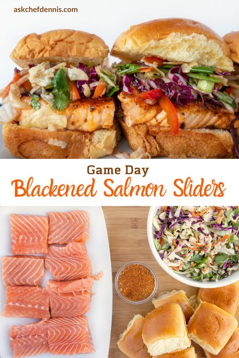 Blackened Salmon Sandwich, Game Day Eats, Salmon Sliders Recipes, Salmon Sandwich Recipes, Game Day Food Ideas, Salmon Sliders, Salmon Sandwiches, Salmon Burger, Game Day Recipes