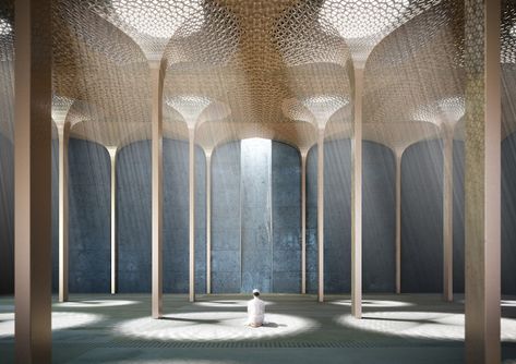 Prayer Hall. Image © AL_A Dezeen Architecture, Modern Mosque, Amanda Levete, Henning Larsen, Mosque Design, Vertical Landscape, Mosque Architecture, Verre Design, Sacred Architecture