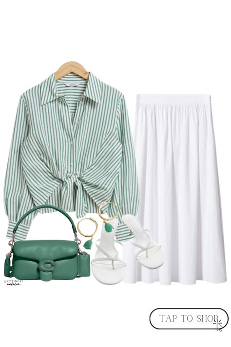 Green stripe tie knot crop shirt, white maxi skirt, coach pillow tabby bag and heeled sandals, coach pillow tabby bag, green outfit, summer holiday fashion. #summervacationstyle #stripedshirt #croptopoutfits #maxiskirts #whiteskirt #stripes #andotherstories #summeroutfit #summerstyle #chic #classystreetwear White Green Striped Shirt Outfit, Green Striped Shirt Outfit, Green Outfit Summer, Tie Knot Shirt, Green And White Striped Shirt, White Striped Shirt Outfit, Summer Holiday Fashion, Coach Pillow Tabby, Striped Shirt Outfit