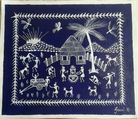 Warli Village Scene, Warli Art Village Scene, Warali Drawings, Verli Art, Warli Print, Warli Paintings, Worli Painting, Warli Painting, Warli Art