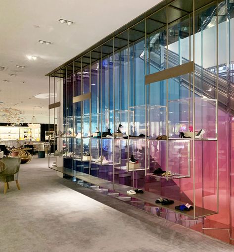 Bendheim Gradient Glass Enhances the Shopping Experience at Saks Fifth Avenue Bal Harbour, Glass Interior, Babies Stuff, Laminated Glass, Design Department, Funky Design, Glass Designs, Color Filter, Stair Railing