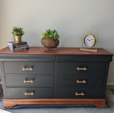 Sold Sold Stunning Dresser - Etsy Black Refurbished Dresser, Wardrobe Restoration, Two Tone Dresser Painted, Dresser Color Ideas, 2 Tone Dresser, Black And Wood Dresser, Black Dresser Makeover, Black Painted Dresser, Black Painted Dressers