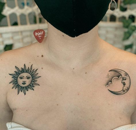 Moon Chest Tattoo, Moon Sun Tattoo, Celestial Tattoo, Sun Drawing, Ear Tattoo Ideas, Moon Tattoos, Red Ink Tattoos, Collar Bone Tattoo, Sun Tattoo