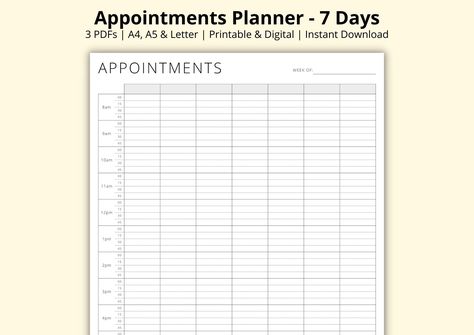 Appointment Planner, 15 Minute Planner, 7 Day Weekly Schedule, Appointment Sheet, Appointment Diary Tracker, Printable/Digital, A4/A5/Letter by DigitalMuseCrafts on Etsy Diary Tracker, Appointment Tracker, Appointment Calendar, Appointment Planner, Digital Weekly Planner, Planner Tracker, Weekly Planners, Tracker Printable, Weekly Schedule