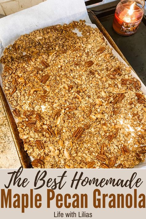 This contains: Homemade Maple Pecan granola with pecans, maple syrup, honey, oats, cinnamon and nutmeg Oat Granola Recipe, Maple Pecan Granola Recipe, Pecan Granola Recipe, Best Homemade Granola, Maple Pecan Granola, Granola Life, Pecan Granola, Maple Granola, Granola Recipe Healthy