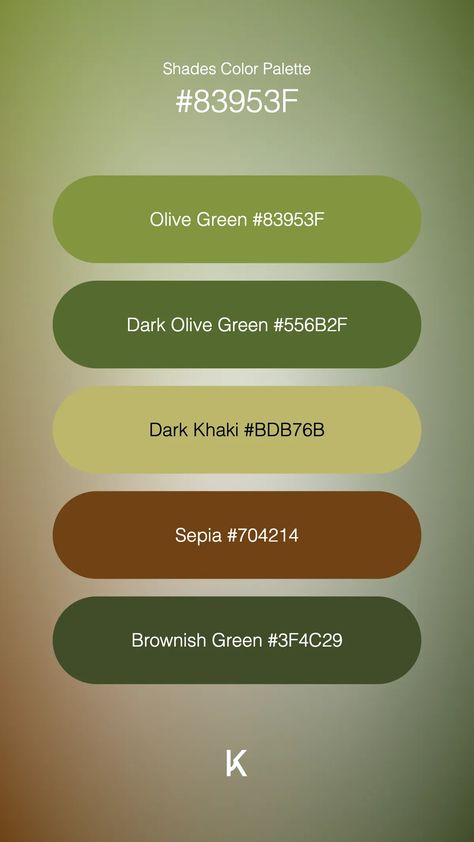 Shades Color Palette Olive Green #83953F · Dark Olive Green #556B2F · Dark Khaki #BDB76B · Sepia #704214 · Brownish Green #3F4C29 Green Olive Color Palette, Olive Pallete, Avocado Green Color Palette, Avocado Color Palette, Color Palette Olive Green, Olive Green Color Palette, Olive Green Palette, Olive Color Palette, Brownish Green