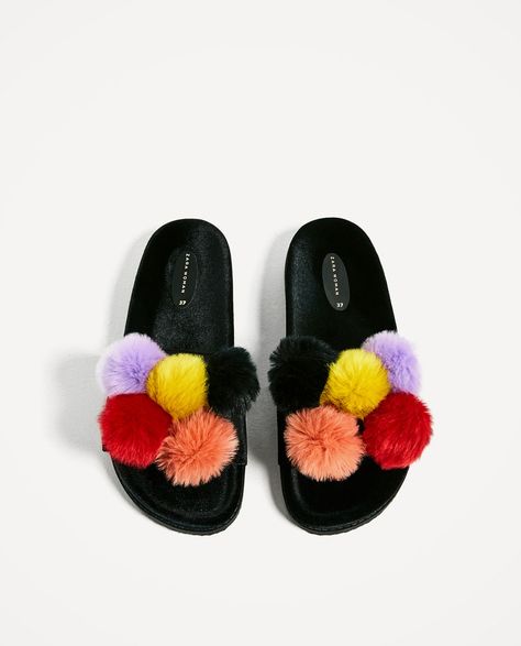 VELVET SANDALS WITH POMPOMS-SHOES-WOMAN | ZARA United States Diy Heels, Decorating Flip Flops, Pom Pom Sandals, Velvet Sandals, Fashion Sandals, Diy Shoes, Zara Shoes, Slipper Shoes, Crazy Shoes