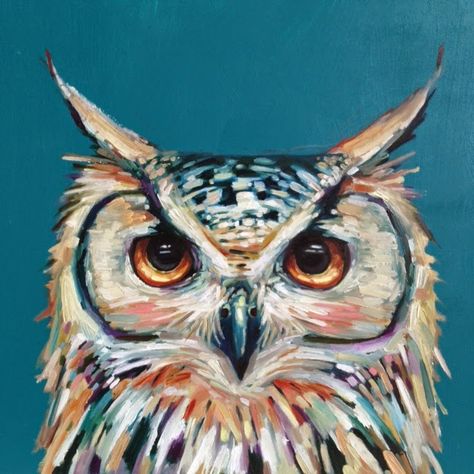 Owl Family, Oil Painting, Pastel, Blue, White, Art