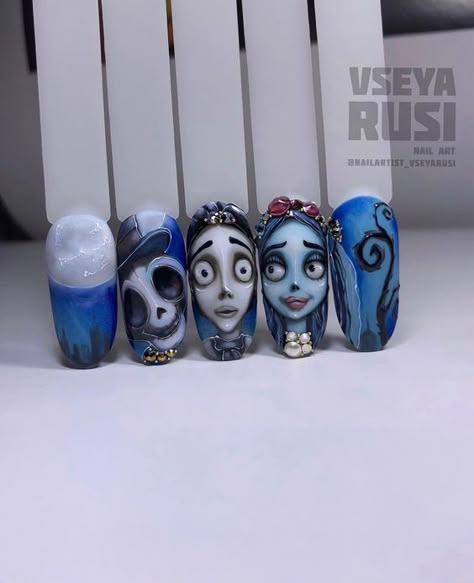 Corpse Bride Nails Acrylic, Halloween Character Nails, Corpse Bride Nail Art, Halloween Acrylic Nails Designs, Corpse Bride Nails, Halloween Nails Designs, Nail Art Designs 2023, Printable Nail Art, Halloween Nail Art Designs